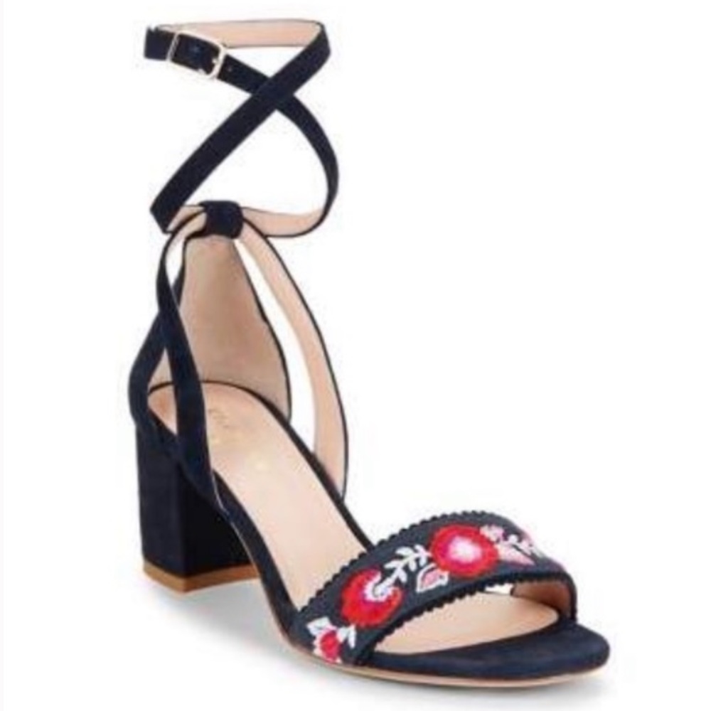 NWOT Kate Spade Watson Block Heel Navy Blue Suede Strap Sandal Pink Embroidered